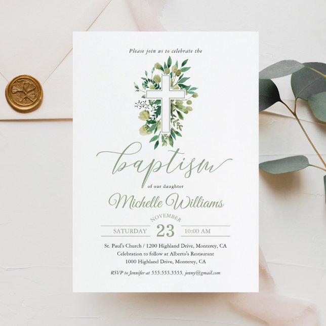 Greenery Sage Color Calligraphy Baptism Invitation (Creator Uploaded)