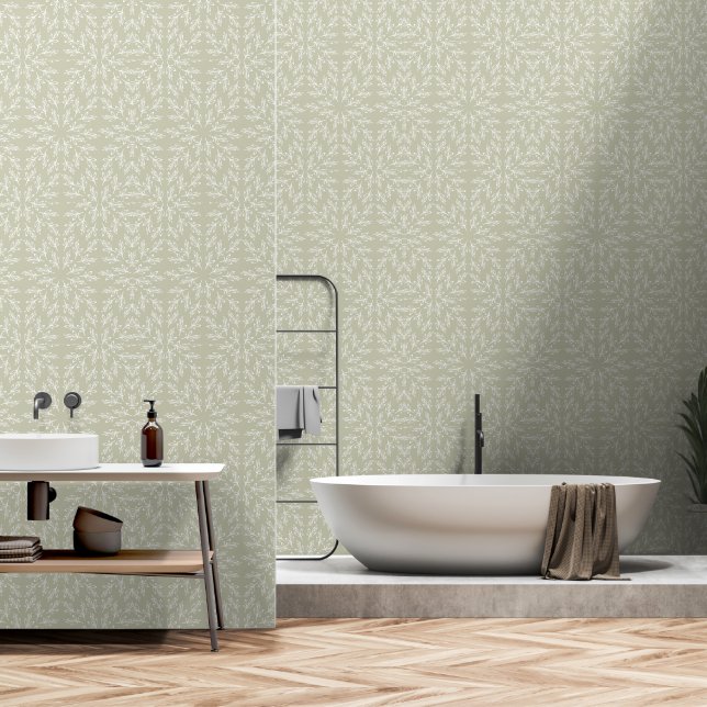 Greenery sage green mandala floral  wallpaper  (Bathroom)