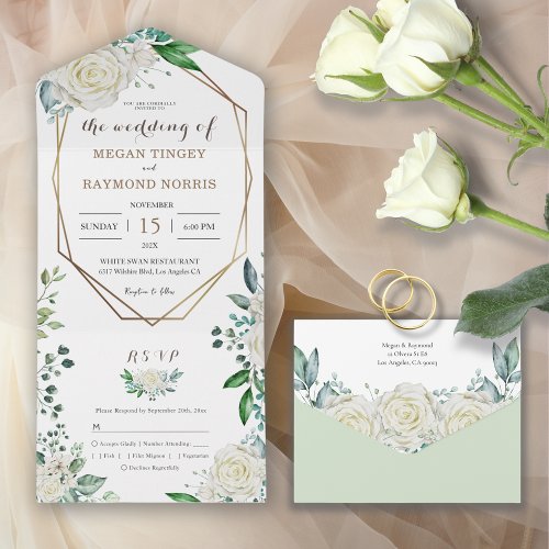 Greenery Sage Green  White Roses Gold Frame  All In One Invitation