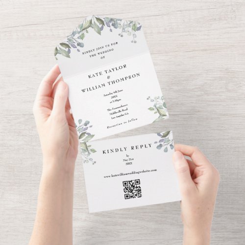 Greenery Sage Lilac Floral QR Code Wedding All In One Invitation