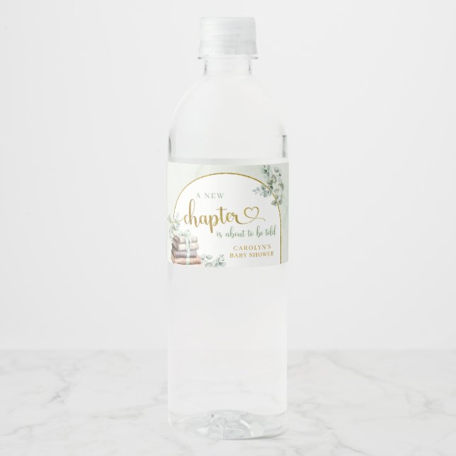 Greenery Sage Storybook Baby Shower Water Bottle Label (Front)