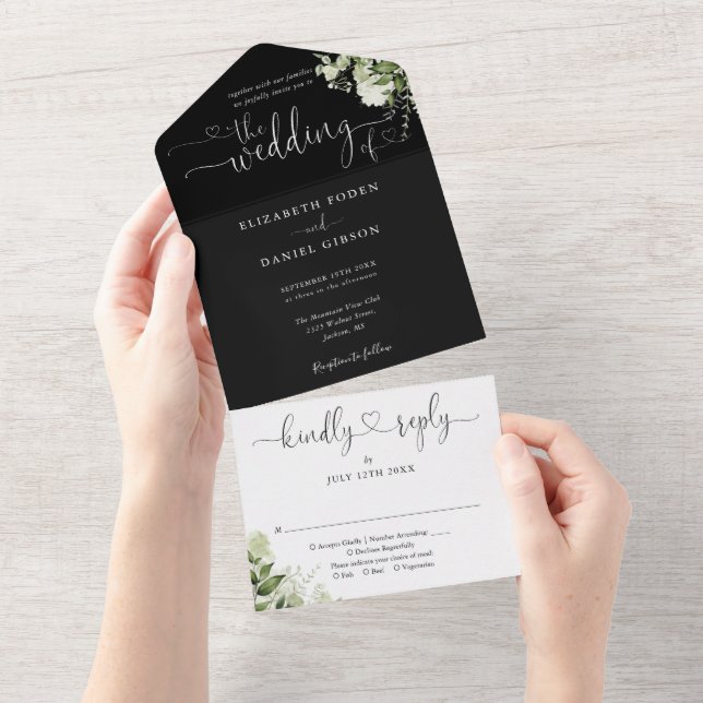 Greenery Script Hearts Black And White Wedding All In One Invitation (Tearaway)