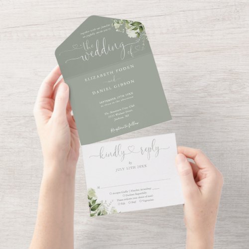 Greenery Script Hearts Sage Green Wedding All In One Invitation