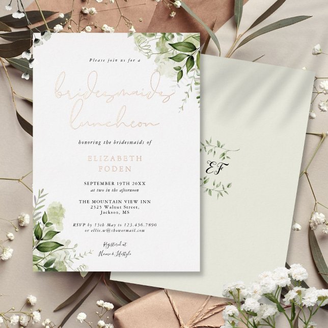 Greenery Script Monogram Bridesmaids Luncheon Foil Invitation (Greenery Script Monogram Bridesmaids Luncheon Foil Foil Invitation)