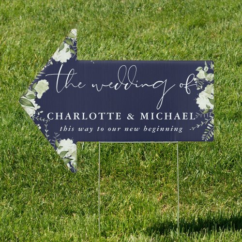 Greenery Script Navy Blue Wedding This Way Arrow Sign