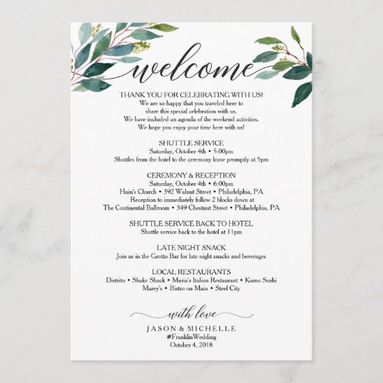 Greenery Script Wedding Itinerary Wedding Welcome Program