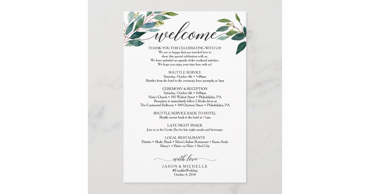 Greenery Wedding Itinerary - Wedding Welcome Program