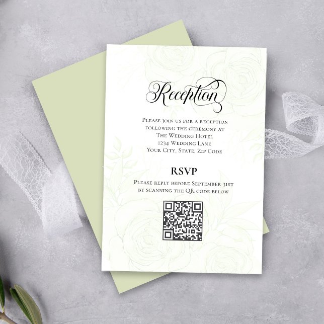 Greenery Script Wedding QR Code Reception Card (Elegant greenery wedding reception card with QR code for easy guest RSVP.)