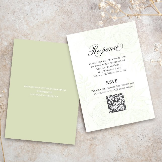 Greenery Script Wedding QR Code RSVP Card (Light sage green wedding website card with minimalist text and modern layout.)