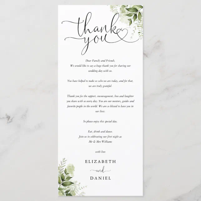 Greenery Script Wedding Thank You Place Card | Zazzle