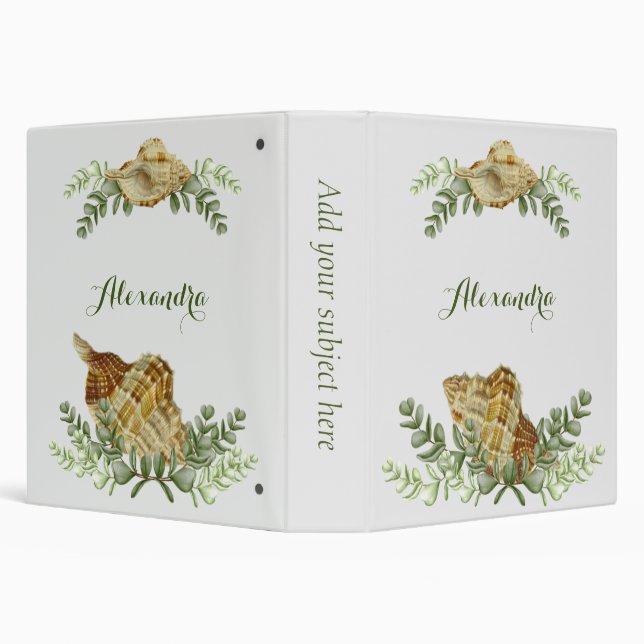 Greenery Seashell Nautical Cream Shells Coastal 3 Ring Binder (Background)