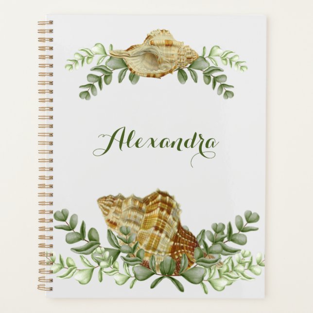 Greenery Seashell Nautical Cream Shells Coastal Planner (Front)
