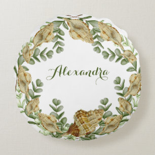Greenery Seashell Nautical Cream Shells Coastal Ro Round Pillow