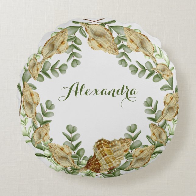 Greenery Seashell Nautical Cream Shells Coastal Round Pillow (Front)