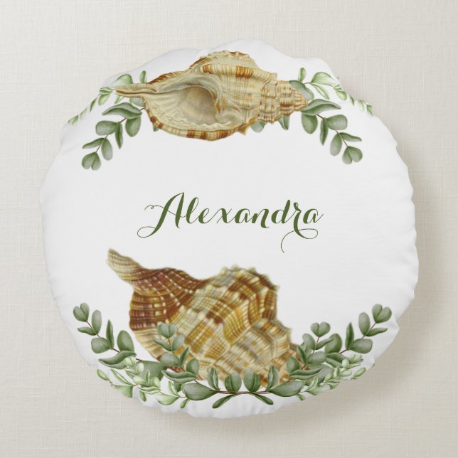 Greenery Seashell Nautical Cream Shells Coastal Round Pillow (Back)