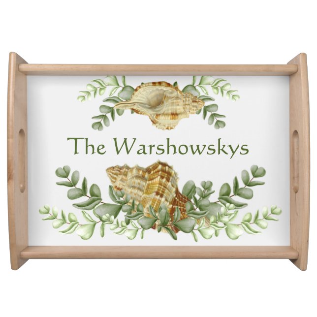 Greenery Seashell Nautical Cream Shells Coastal  Serving Tray (Front)