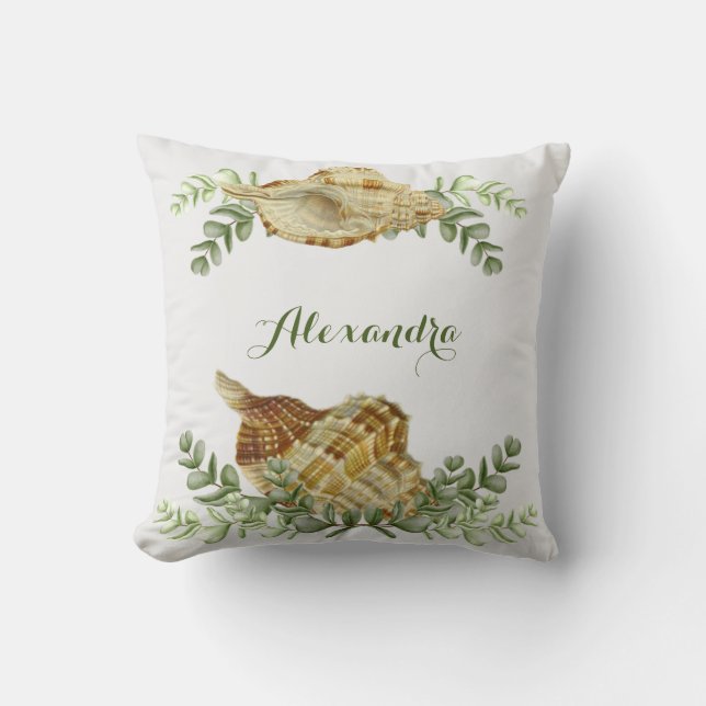 Greenery Seashell Nautical Cream Shells Coastal Throw Pillow (Front)