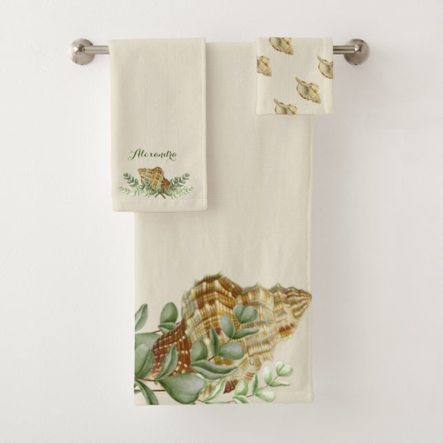 Greenery Seashell Nautical Sand Tan Shells Coastal Bath Towel Set (Insitu)