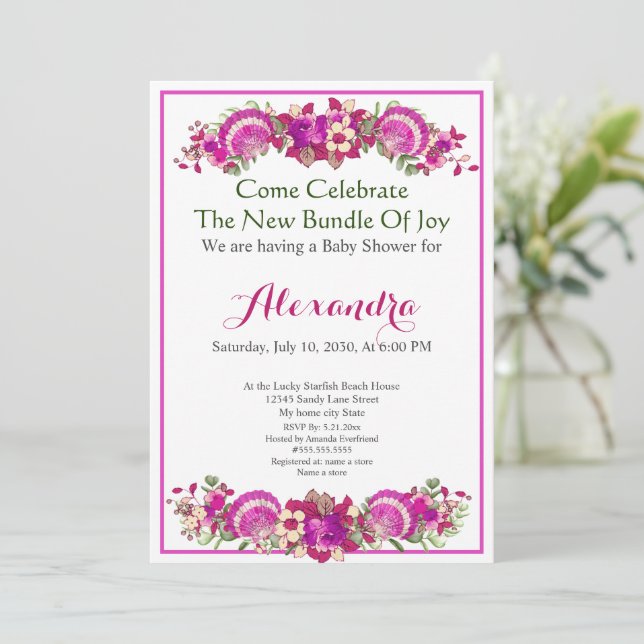 Greenery Seashell Pink Girl Floral Baby Shower (Standing Front)