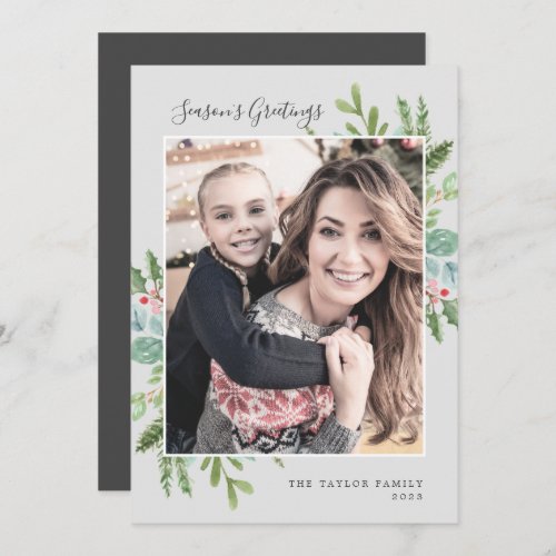 Greenery Seasons Greetings  Gray Photo Holiday Card