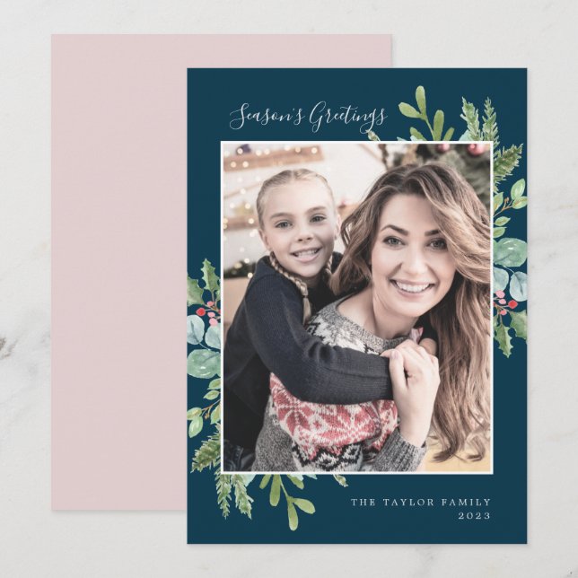 Greenery Season's Greetings | Navy Photo Holiday Card (Front/Back)