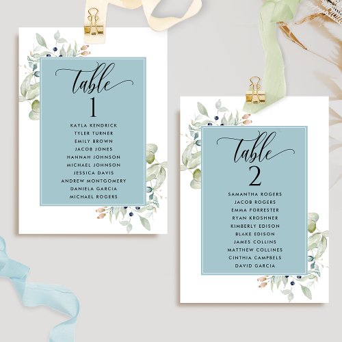 Greenery Seating Plan Cards w Guest Names Blue