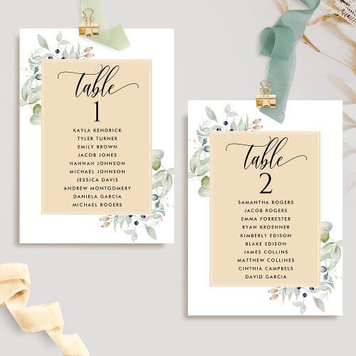 Greenery Seating Plan Cards w Guest Names Tan