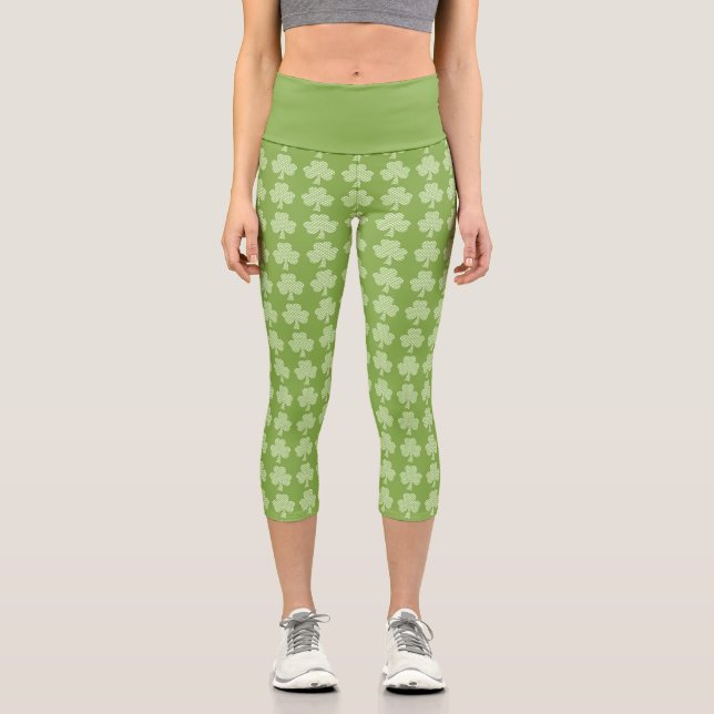 Greenery Shamrock Clover Polka dots Patrick's Day Capri Leggings (Front)