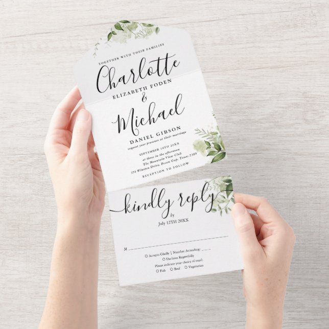 Greenery Signature Script Monogram Wedding  All In One Invitation (Tearaway)