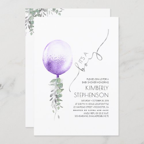 Greenery Silver and Purple Balloon Baby Shower Invitation