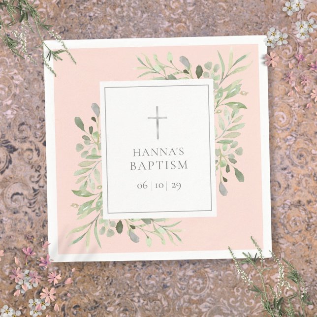 Greenery Silver Baptism Christening Blush Pink Napkins (Greenery Silver Baptism Christening Blush Pink Napkins)
