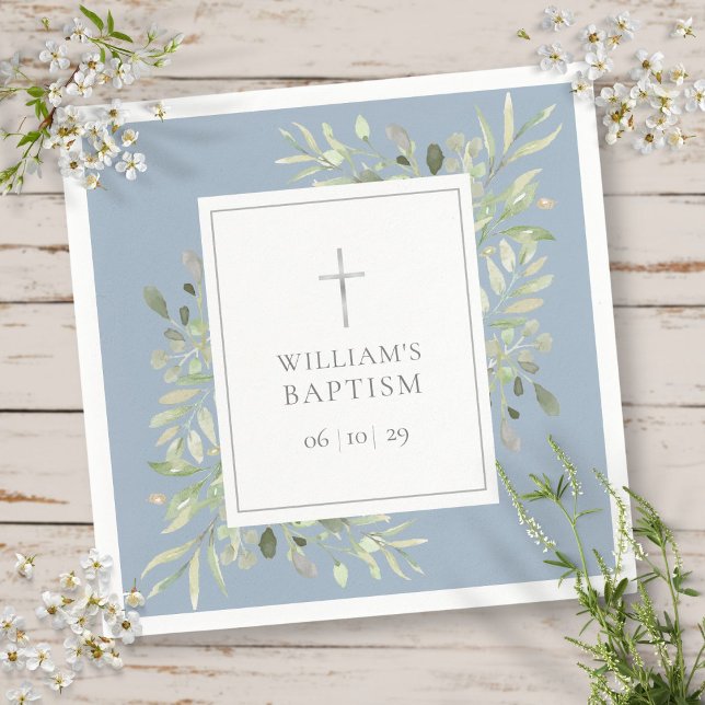 Greenery Silver Baptism Christening Dusty Blue Napkins (Greenery Silver Baptism Christening Dusty Blue Napkins)