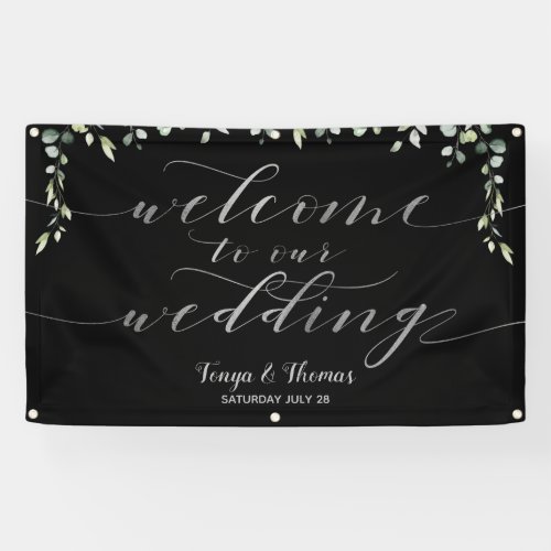 Greenery Silver Calligraphy Black Welcome Wedding Banner