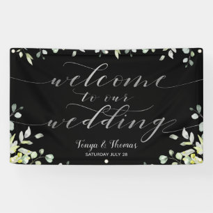 Greenery Silver Calligraphy Black Welcome Wedding Banner