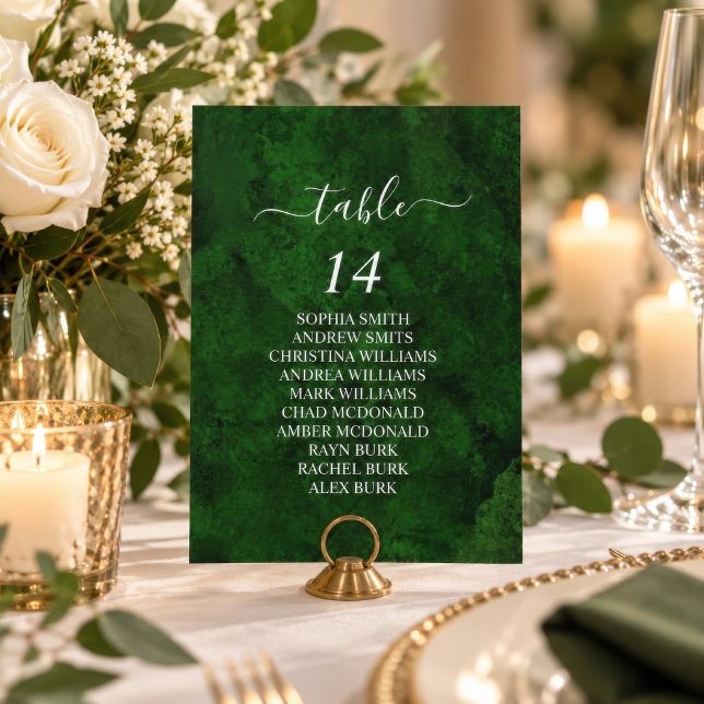 Greenery & Silver Calligraphy Seating Chart Cards (Dark green marble "Table 14" seating card with guest names, silver script lettering)