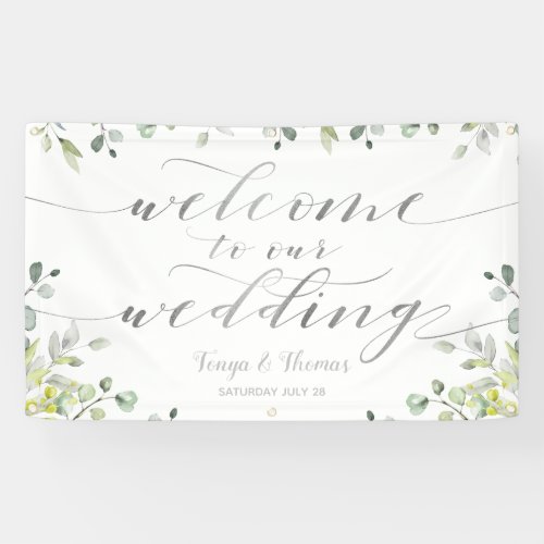 Greenery  Silver Calligraphy Welcome Our Wedding Banner