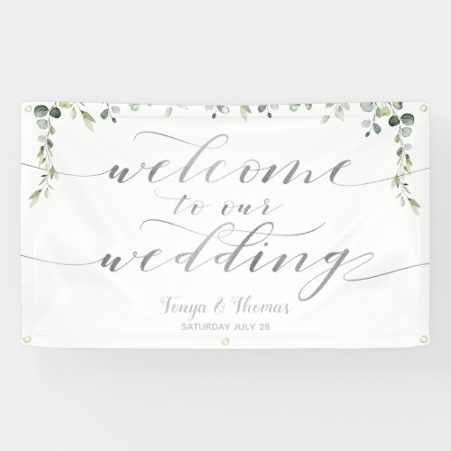 Greenery Silver Calligraphy White Welcome Wedding Banner