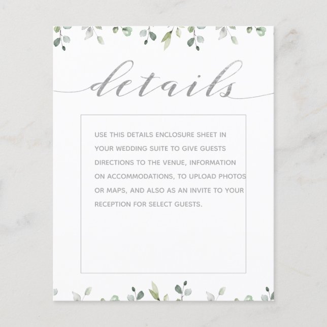 Greenery Silver Fancy Calligraphy Wedding Details (Front)
