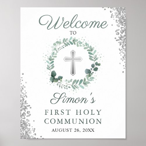 Greenery Silver First Holy Communion Welcome Poster