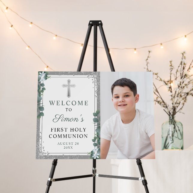 Greenery Silver Glitter First Holy Communion Photo Foam Board (In Situ (Stand))
