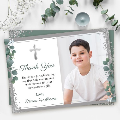 Greenery Silver Glitter First Holy Communion Photo Thank You Card