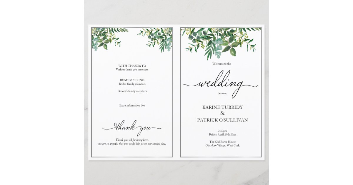 Greenery Silver Wedding Program Elegant Font Zazzle Com