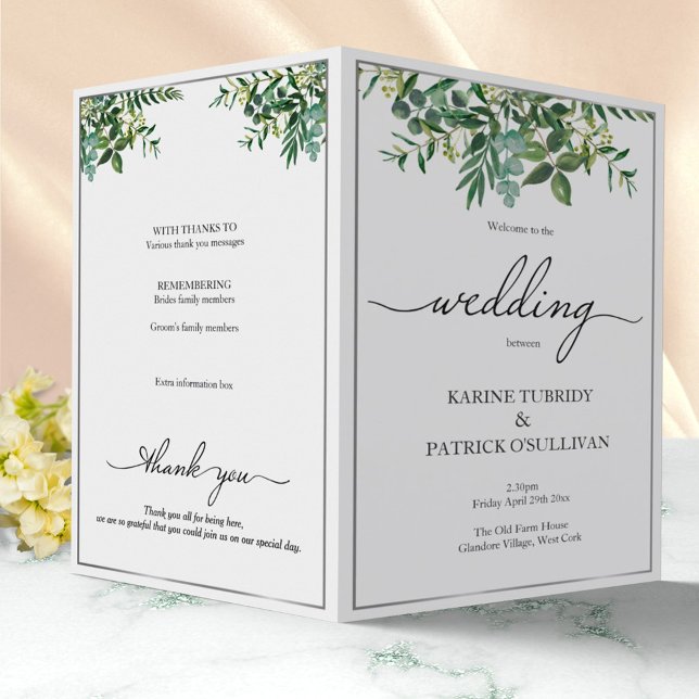 Greenery & silver wedding program, elegant font (Creator Uploaded)