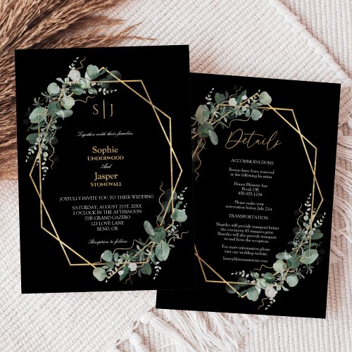 Greenery Simple Black Monogram All In One Wedding Invitation