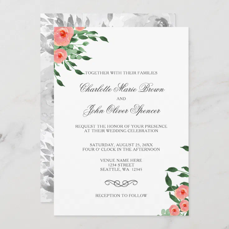 Greenery Simple Peach Flowers Wedding invitations | Zazzle