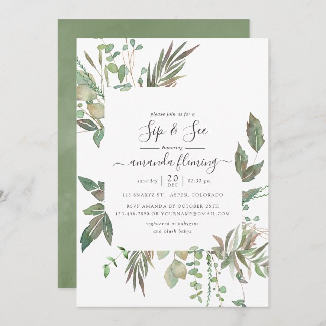 Greenery Sip and See Invitation (Front/Back)