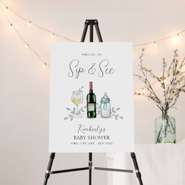 Greenery Sip & See Baby Shower Welcome Sign (In Situ (Stand))