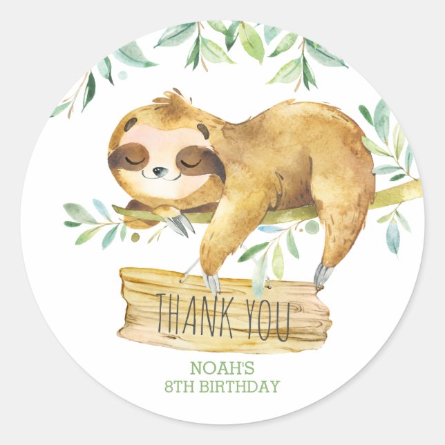 Greenery Sloth Birthday Baby Shower Thank Favor Classic Round Sticker (Front)