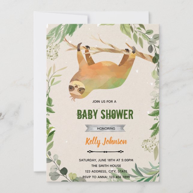 Greenery sloth birthday invitation (Front)
