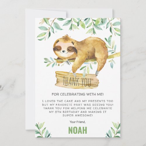 Greenery Sloth Sleepover Slumber Pajama Birthday Thank You Card